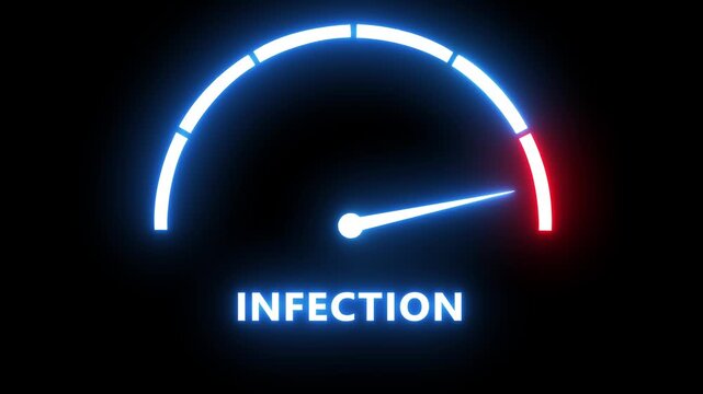 Neon infection risk gauge meter rising to critical level medical and biological hazard concept danger
