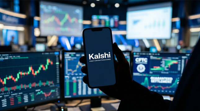 Person holding smartphone with Kalshi event contracts exchange app logo in front of trading monitors with financial charts and CFTC logo market.