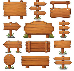 Fototapeta premium Set of cartoon wooden signs, empty planks and direction pointers isolated on white background