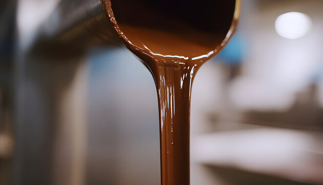 The video shows a vertical close up of liquid chocolate flowing from a professional metal spout in a factory