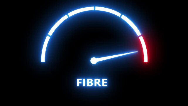 High-speed fibre optic internet connection gauge animation, digital network speed test concept fiber