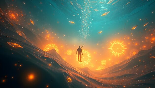 Silhouette diver floating underwater glowing orbs fantasy Generative AI