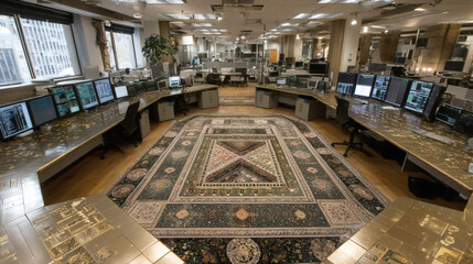 Obraz premium High angle aerial shot of a trading floor layout, colorful carpet patterns, symmetrical golden ratio design, natural light mix