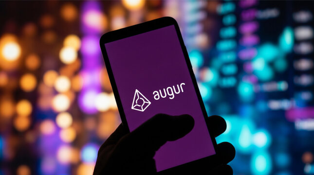 Person holding mobile phone with Augur crypto application on screen in front of a colorful bokeh background representing digital finance trading.