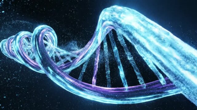 Glowing blue DNA double helix structure on dark background.