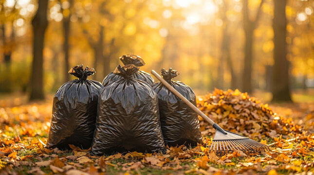 Autumn leaf cleanup in parks and public green spaces. Seasonal maintenance of urban landscapes with colorful fallen leaves. Concept of environmental care, cleanliness, landscaping, municipal services