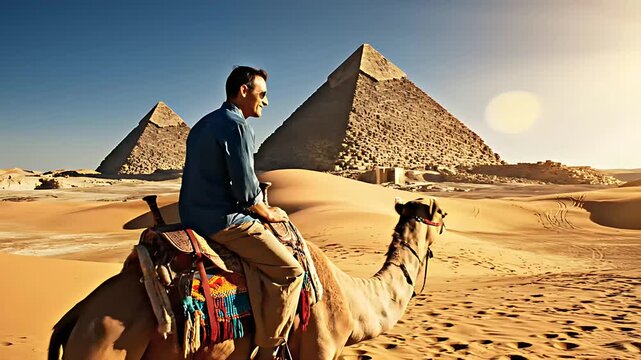 Man riding a camel in front of the Great Pyramids of Giza. Tourist exploring the ancient Egyptian desert landscape. Adventure travel concept for tourism and heritage marketing.