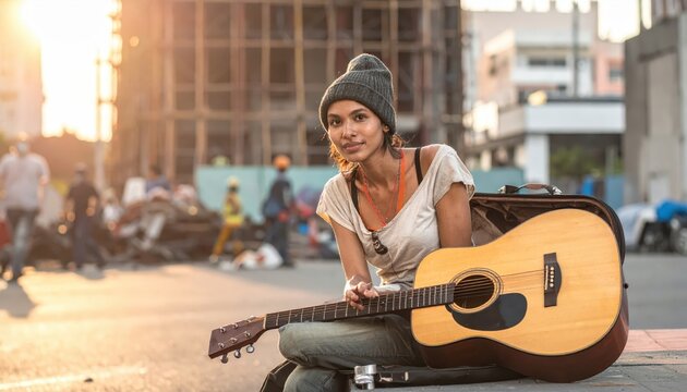 Young woman street musician with guitar case and coins in urban setting