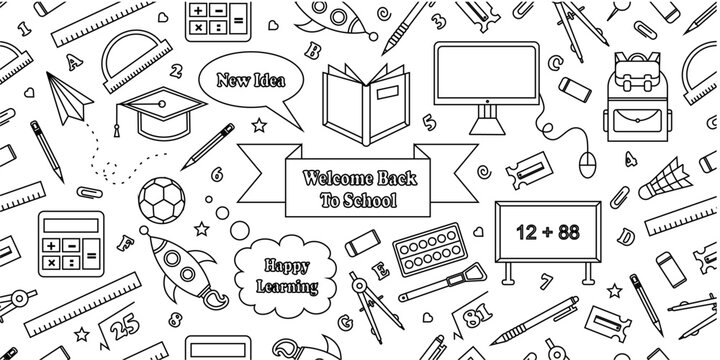 Education doodle banner with school icons. Back to school banner background. Seamless pattern of school supplies background. Education theme pattern background.
School banner template design.