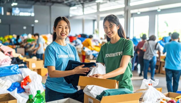 Young women volunteers enthusiastically sorting donated clothing and supplies in a busy community center.