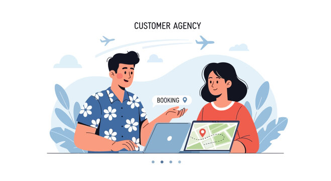 Customer agency consultation for travel booking with map and airplane illustrations