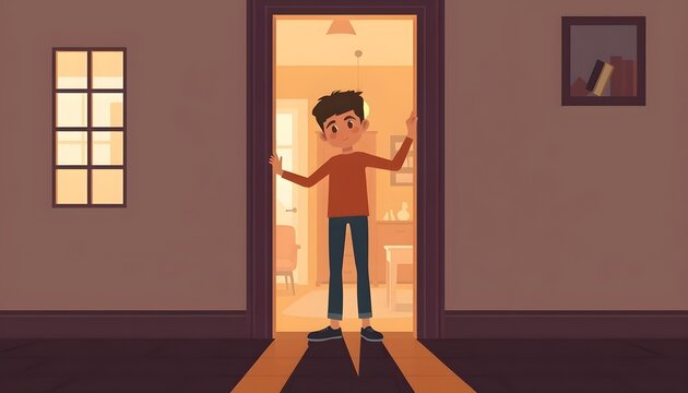 Child hesitating at lit doorway in dim hallway cartoon