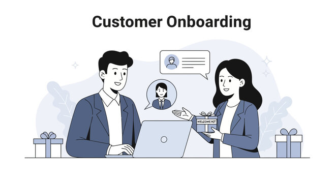 Customer Onboarding Illustration: Welcoming New Clients with Gifts and Virtual Support