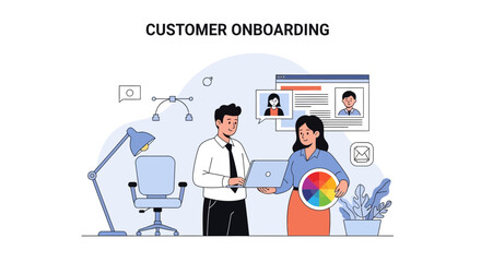 Naklejka premium Customer Onboarding Process: Team Collaboration and Digital Integration