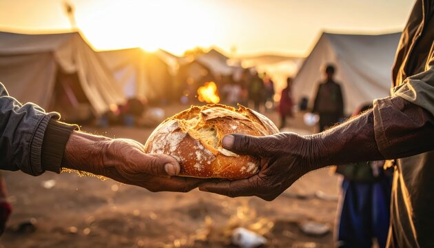 Warm loaf of crusty bread being shared between two hands against a refugee camp backdrop during sunset