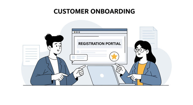 Customer Onboarding Process: Registration Portal Assistance with Laptop and Documents