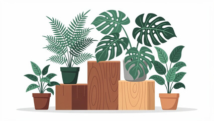 Obraz premium Variety of green houseplants including fern monstera and peperomia arranged on wooden blocks for indoor decor