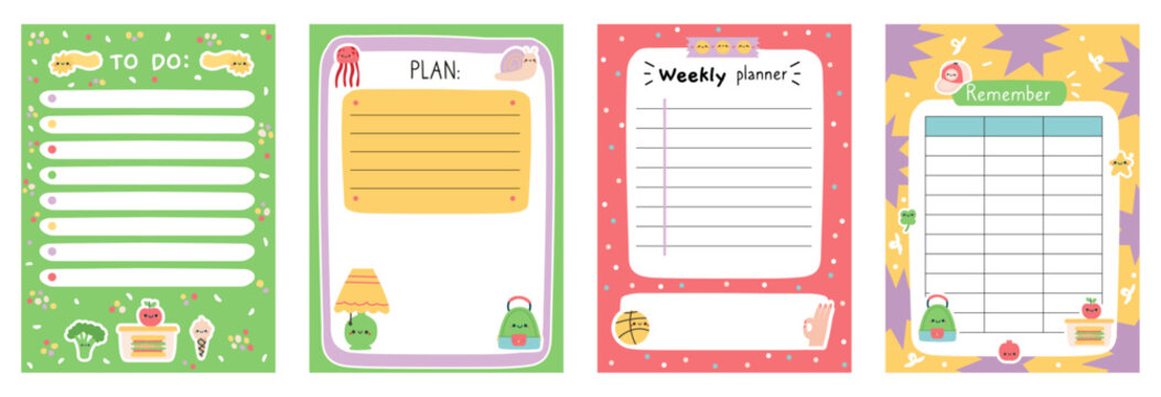 Set of cute vector planners and todo lists with kawaii illustrations of food, animals, and objects for school or office