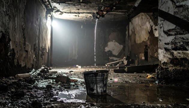 Water dripping from a leaky pipe into a rusty bucket in a dark, damaged basement, symbolizing neglect and decay.