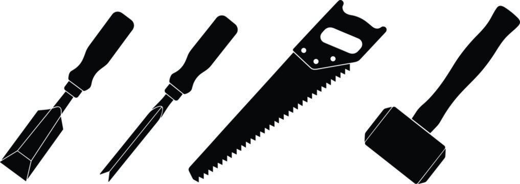 Woodworking Carpentry Hand Tool Icon Set with Flat Chisel Mortise Chisel Hand Saw and Wooden Mallet Hammer Silhouettes for Craft Workshop Projects
