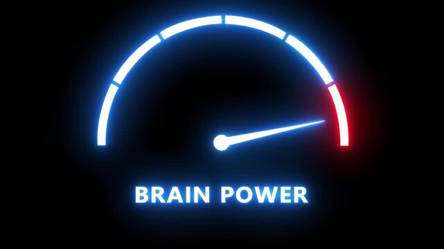 Brain power neon gauge meter animation: mental performance and cognitive speed concept speedometer intelligence