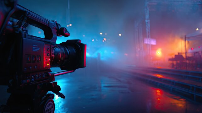 Professional camera set up for a vibrant, fog-filled outdoor event at night
