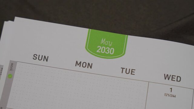 May 2030 planner page close up for monthly scheduling concept with calendar layout and time organization