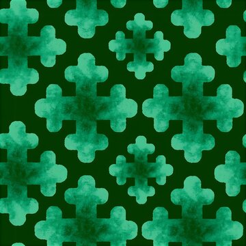 Green watercolor coptic cross blob seamless pattern