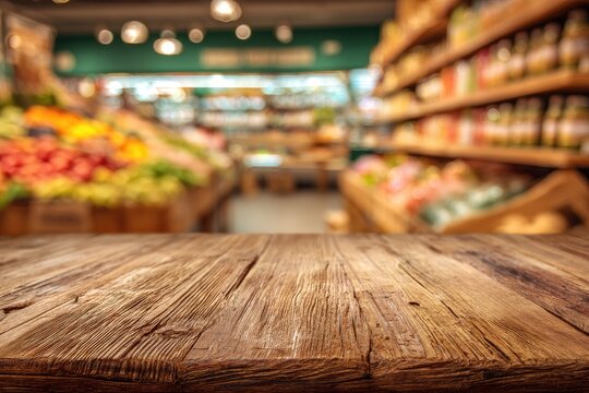 Rustic wooden table in foreground; blurred grocery store aisle with produce