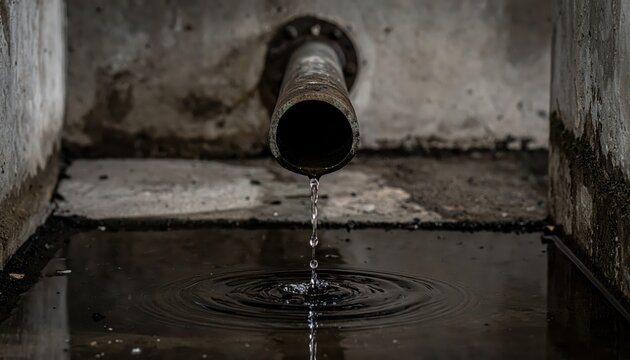 Water droplets falling from a rusty pipe into a puddle, creating ripples on a dark surface.