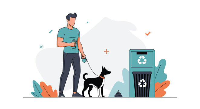 Young man walking his dog on a leash and carrying a reusable bottle, standing near public trash and recycling bins.