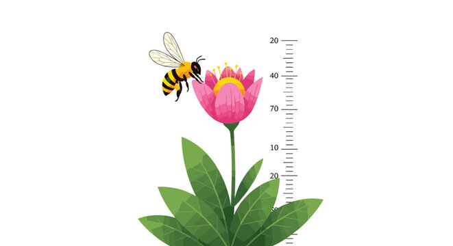 Honey bee flying to pollinate a beautiful pink flower with green leaves, shown next to vertical measurement scale line.