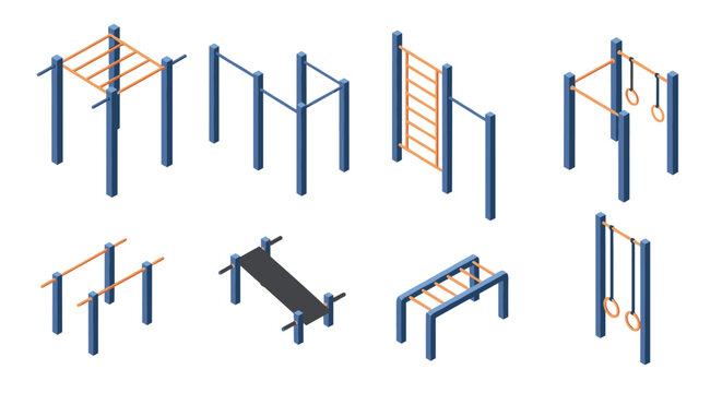 Set of various outdoor gym and street workout equipment icons in isometric style, featuring bars and rings for exercise.