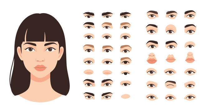 Comprehensive female character creation kit showing various styles of eyes, eyebrows, and lips for digital avatar customization.