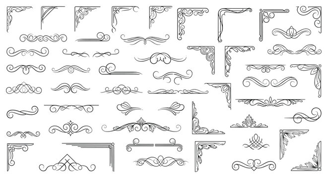 Extensive collection of ornate vintage corner borders and flourish dividers in a black and white hand-drawn pen and ink style.