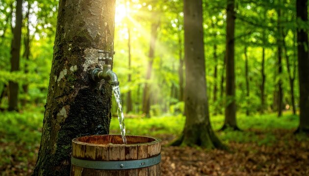 A brass faucet attached to a tree trunk dispenses clear water into a wooden barrel in a sun-drenched forest.