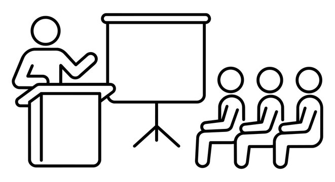 Business presentation with blank screen mockup and audience line icon. Speaker on podium explaining template chart to people vector illustration.