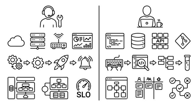 DevOps engineering and software development lifecycle line icon set. SRE administrator and programmer with cloud server, CI CD pipeline, code API, and SLO monitor vector illustration.