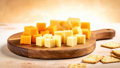 Fototapeta premium A Delightful Assortment of Cubed Cheeses in Various Yellow and Orange Hues Displayed on a Wooden Board
