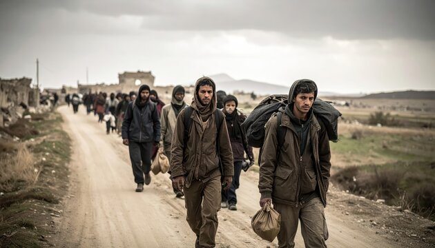 Weary refugees with belongings walk down a dusty road seeking refuge, capturing a moment of human struggle and hope.