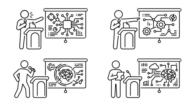 Speaker presenting AI technology, microchip and automation line icon set