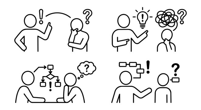 People explaining problem solving, training and workflow process line icon set