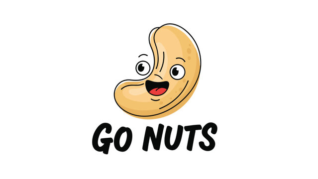 Go Nuts text with a happy cashew character mascot on a white background for fun food puns and snack brand promotions.