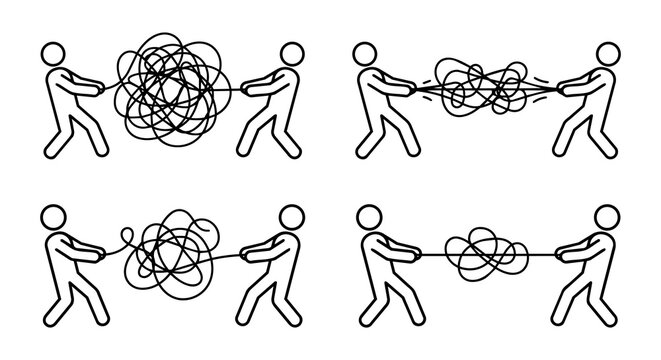 People pulling messy rope to solve conflict and problem line icon set