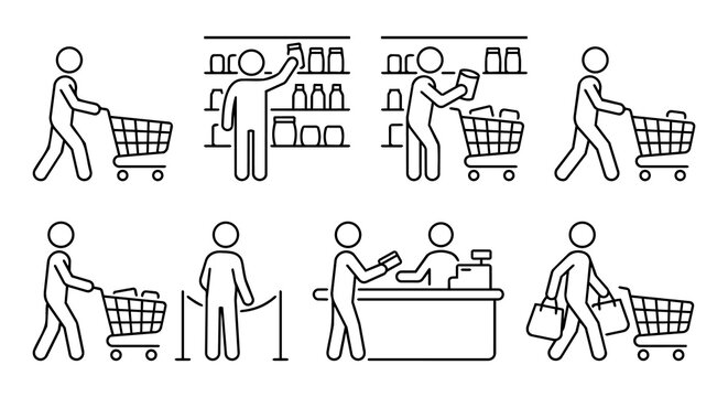 Supermarket grocery shopping customer behavior and cashier checkout line icon set