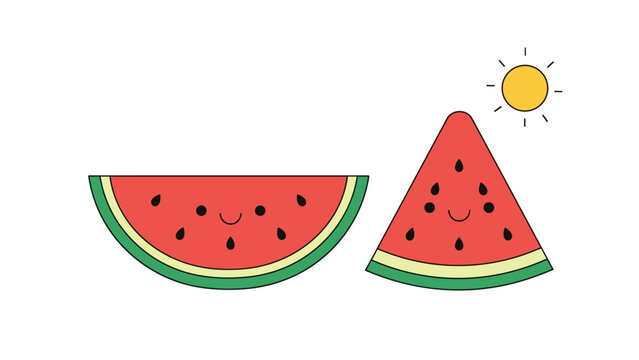 Cute cartoon watermelon slices with happy faces and a small sun symbol representing summer and fresh fruit snack.