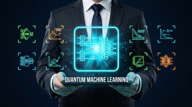 Businessman presenting quantum machine learning concept with glowing blue graphics