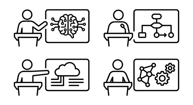 Speaker presenting AI technology, cloud computing and workflow line icon set