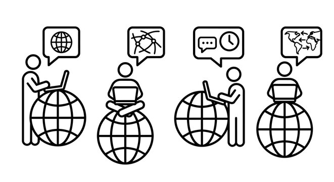 Global communication, digital nomad and remote work line icon set