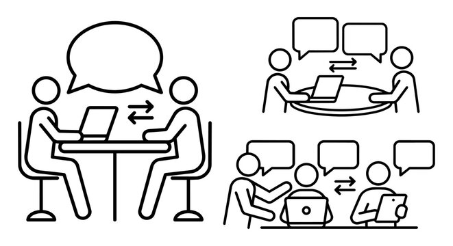 Business team communication, laptop layout and blank speech bubble template line icon set